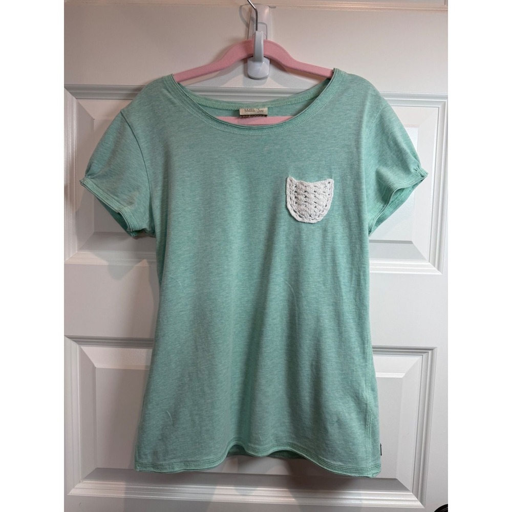 19. Matilda Jane Girls Mint Green Tee Crochet Cat Pocket Puff Sleeve Sz 14